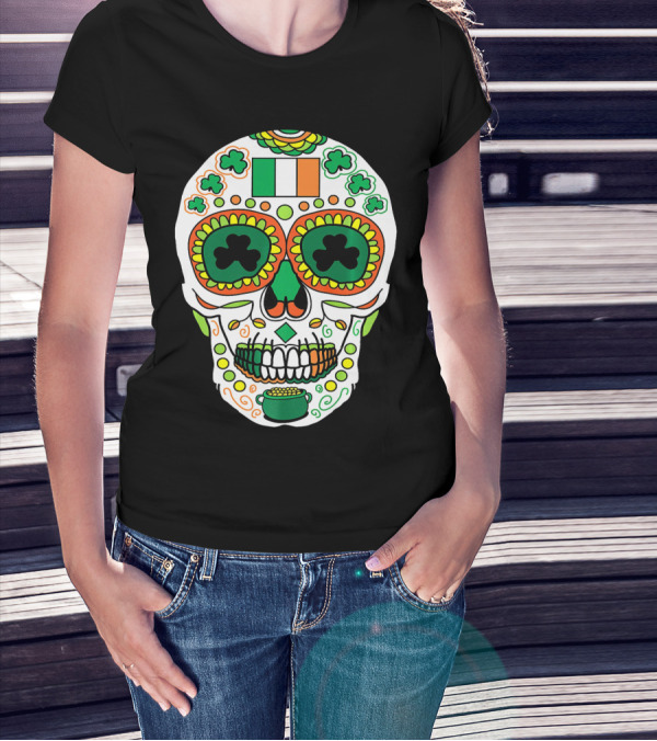 St Paddys Day Irish Flag Shamrock Sugar Skull Cinco De T-Shirt