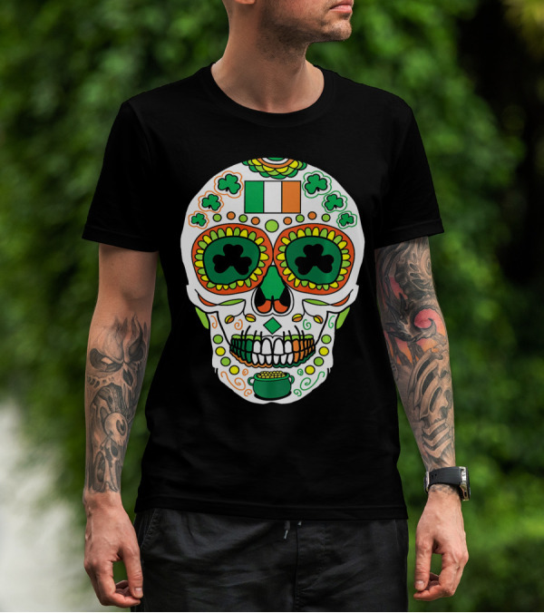 St Paddys Day Irish Flag Shamrock Sugar Skull Cinco De T-Shirt
