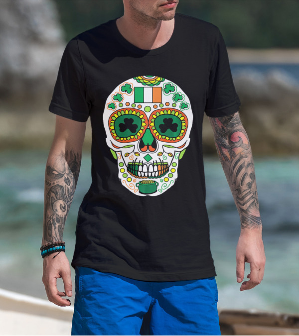 St Paddys Day Irish Flag Shamrock Sugar Skull Cinco De T-Shirt