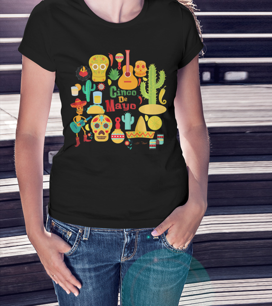 Cinco De Mayo Cactus Skull Sombrero Guitar Festivity T-Shirt