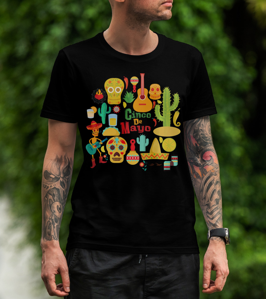 Cinco De Mayo Cactus Skull Sombrero Guitar Festivity T-Shirt