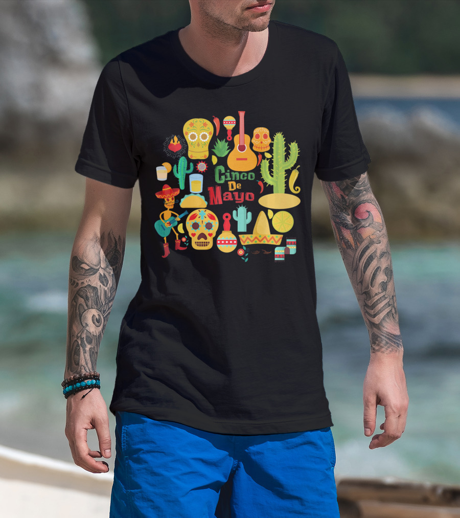 Cinco De Mayo Cactus Skull Sombrero Guitar Festivity T-Shirt