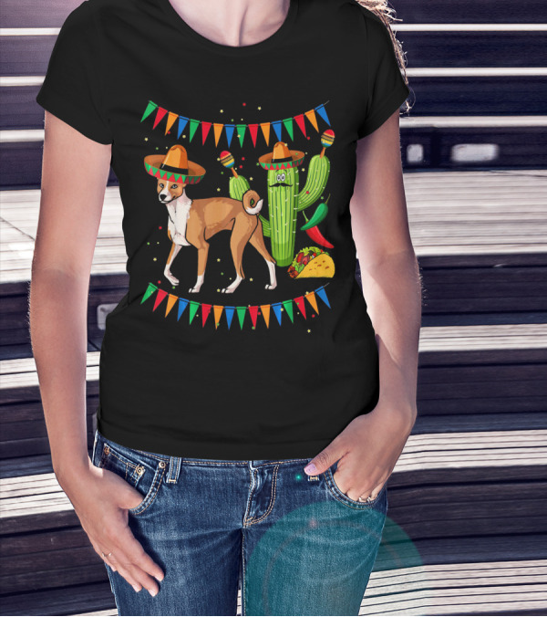 Sombrero Basenji Dog And Cactus Mexico Cinco De May Fiesta Elements T-Shirt