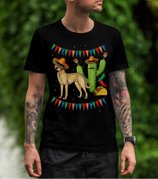 Sombrero-Clad Anatolian Shepherd Dog With Mexican Cactus And Taco Fiesta Banners T-Shirt