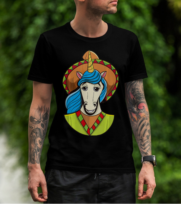 Hispanic Unicorn In Sombrero With Colorful Mane For Cinco T-Shirt