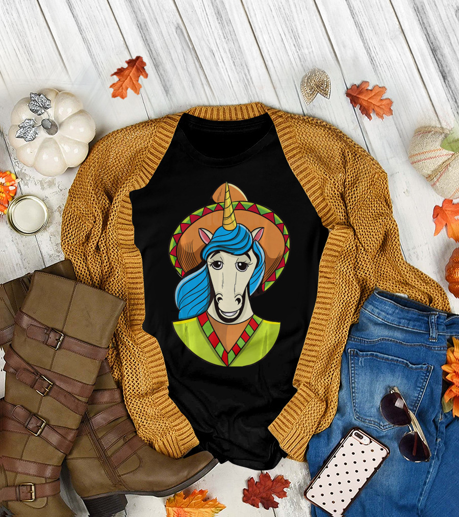 Hispanic Unicorn In Sombrero With Colorful Mane For Cinco T-Shirt