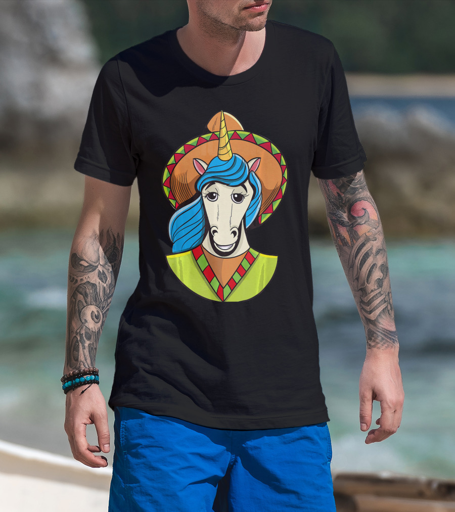Hispanic Unicorn In Sombrero With Colorful Mane For Cinco T-Shirt