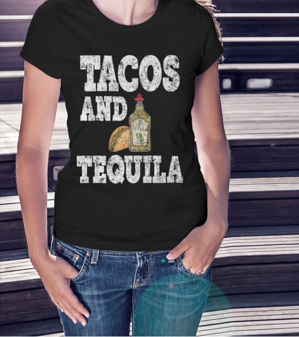Tacos And Tequila With Bottle And Sombrero For Cinco De Mayo T-Shirt