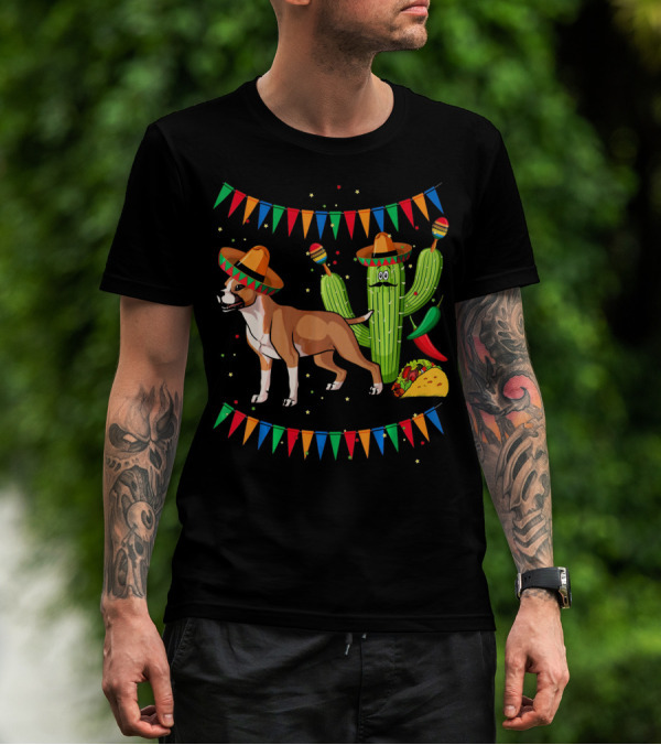 Cinco Sombrero Staffordshire Terrier Dog With Festive Cactus And Taco T-Shirt