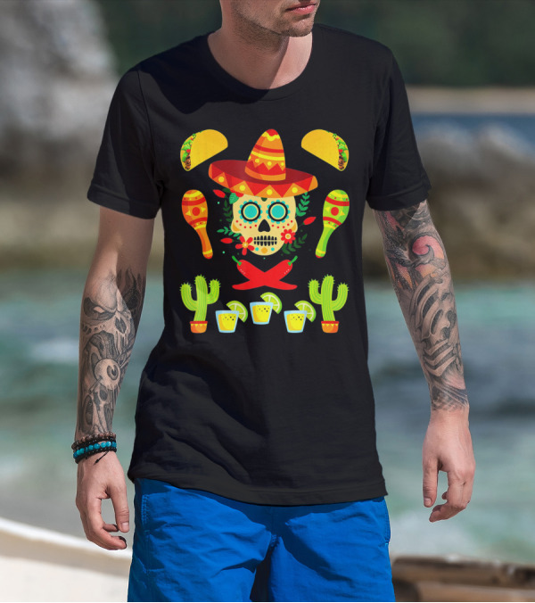 Festive Cinco De Mayo Sombrero Skull With Tacos And Maracas T-Shirt