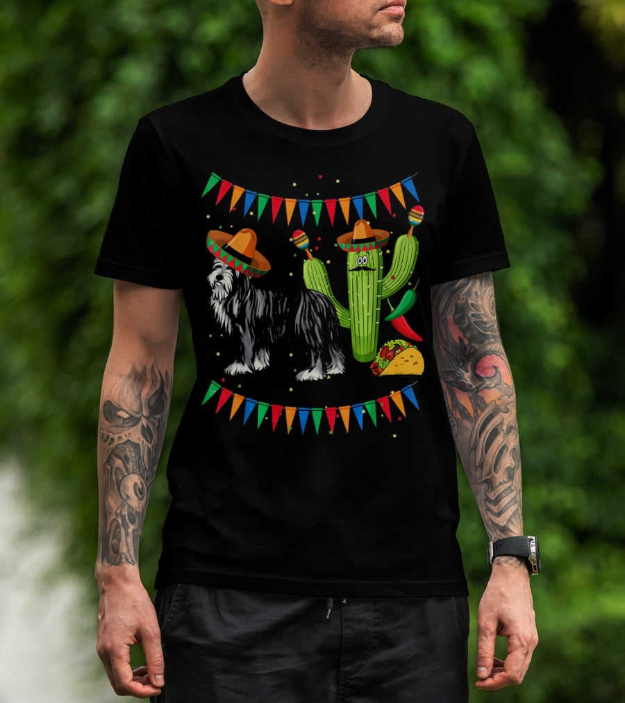 Sombrero Bearded Collie Dog Cactus Fiesta Mexico Cinco De Mayo Flags Taco Maracas T-Shirt