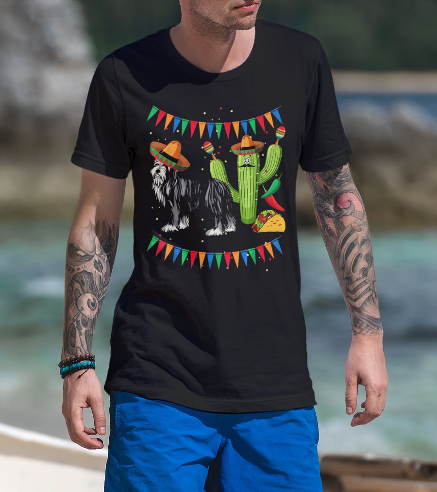 Sombrero Bearded Collie Dog Cactus Fiesta Mexico Cinco De Mayo Flags Taco Maracas T-Shirt