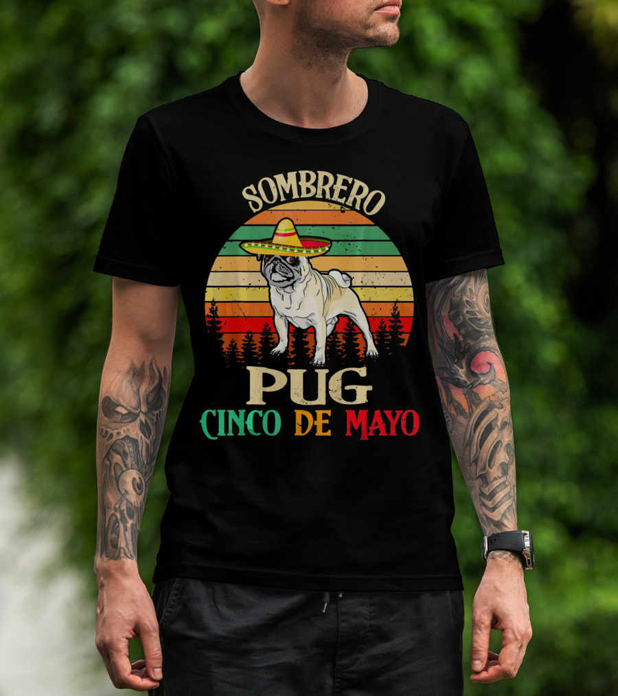 Sombrero Pug Cinco De Mayo Retro Stripes T-Shirt