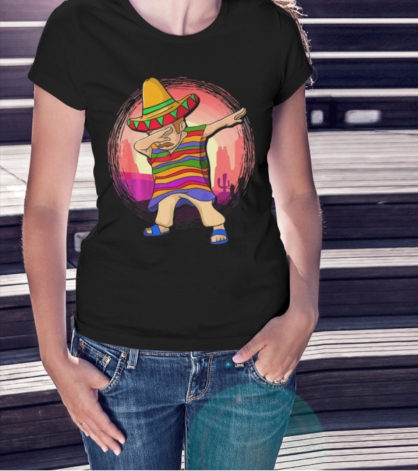 Mexican Poncho Sombrero Dabbing Sunset Cactus Background T-Shirt