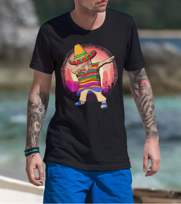 Mexican Poncho Sombrero Dabbing Sunset Cactus Background T-Shirt