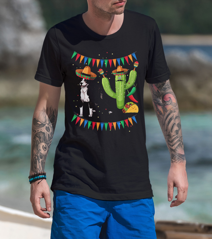 Sombrero American Pit Bull Terrier With Cactus And Taco Fiesta Elements T-Shirt