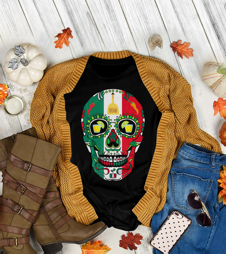 Mexican Cinco de Mayo Tequila Skull with Flag Colors and Chili Peppers T-Shirt