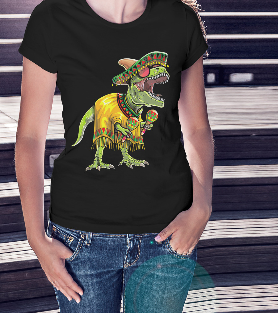 Cinco De Mayo Dinosaur Sombrero Maracas Poncho Fiesta T-Shirt