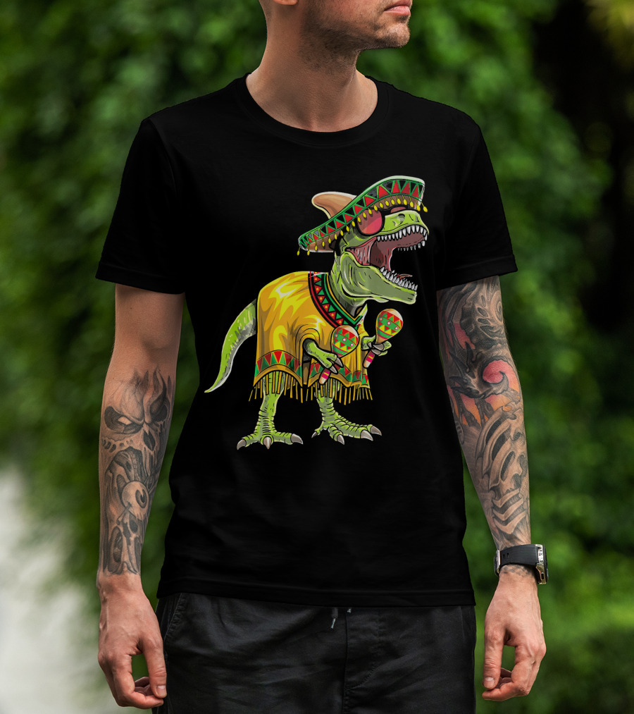 Cinco De Mayo Dinosaur Sombrero Maracas Poncho Fiesta T-Shirt