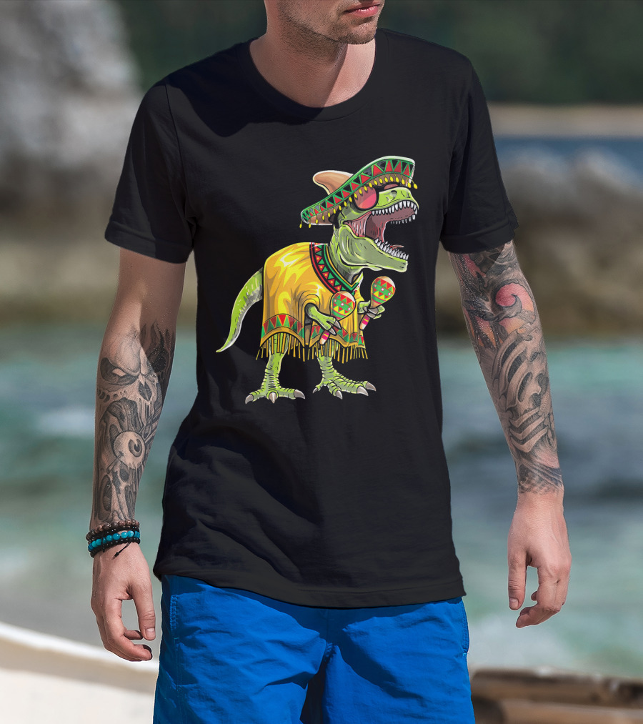 Cinco De Mayo Dinosaur Sombrero Maracas Poncho Fiesta T-Shirt