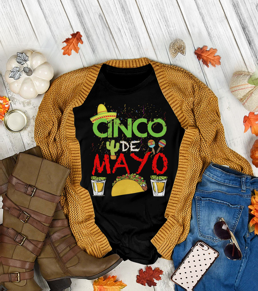 Cinco De Mayo Sombrero Maracas Taco Cactus Drinks Fiesta T-Shirt