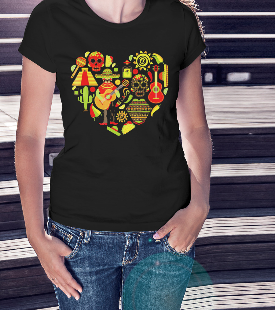 Cinco De Mayo Love Skull Guitar Cactus Sombrero Heart T-Shirt