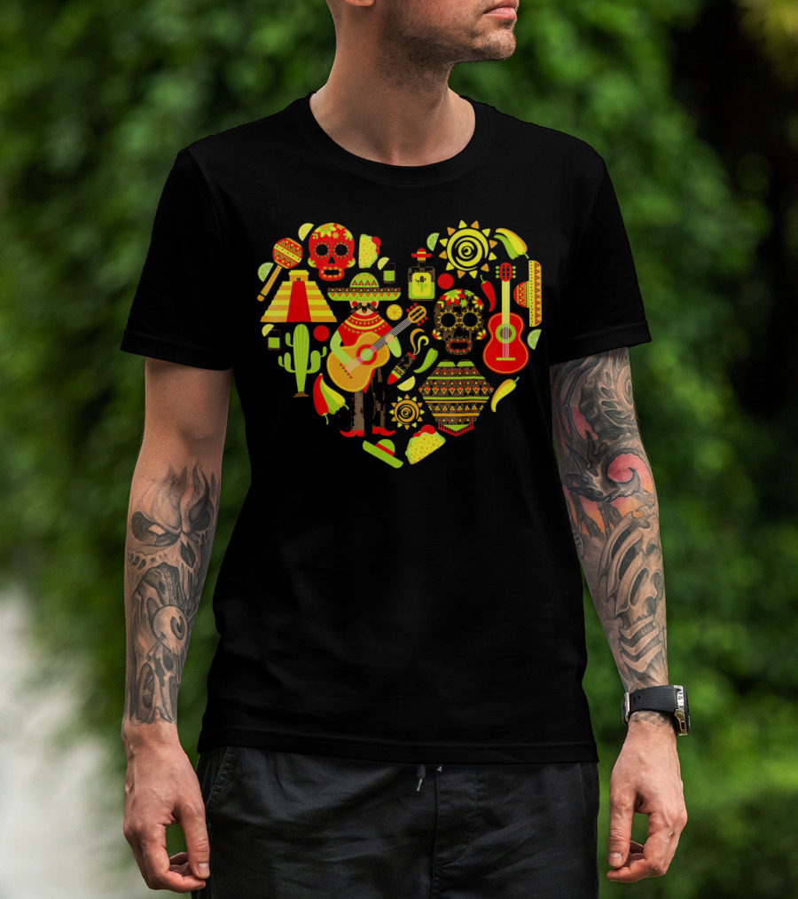 Cinco De Mayo Love Skull Guitar Cactus Sombrero Heart T-Shirt
