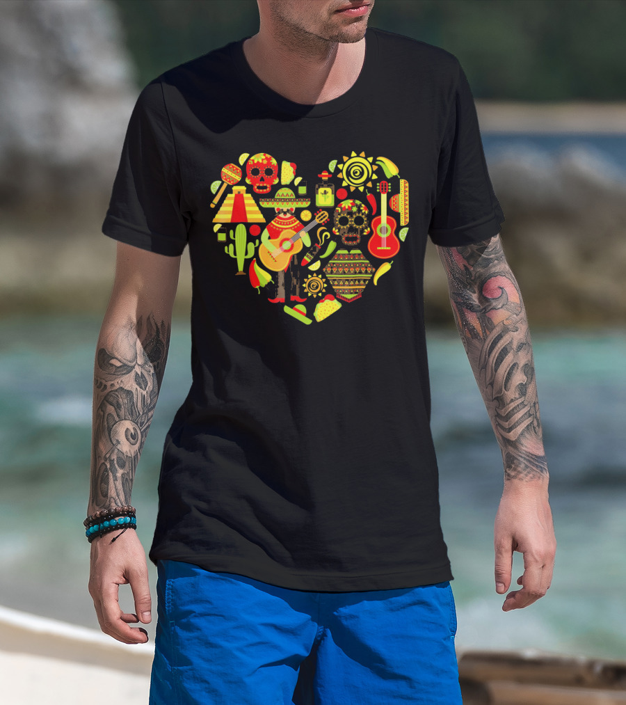 Cinco De Mayo Love Skull Guitar Cactus Sombrero Heart T-Shirt