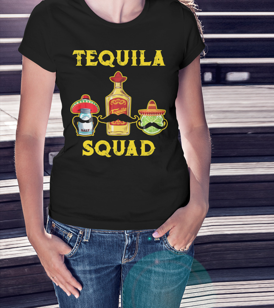 Tequila Squad Salt Lime Mustache Sombrero Cinco De Mayo T-Shirt