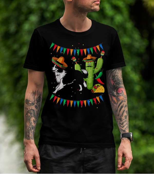 Sombrero Border Collie Dog Cactus Taco Mexico Cinco T-Shirt