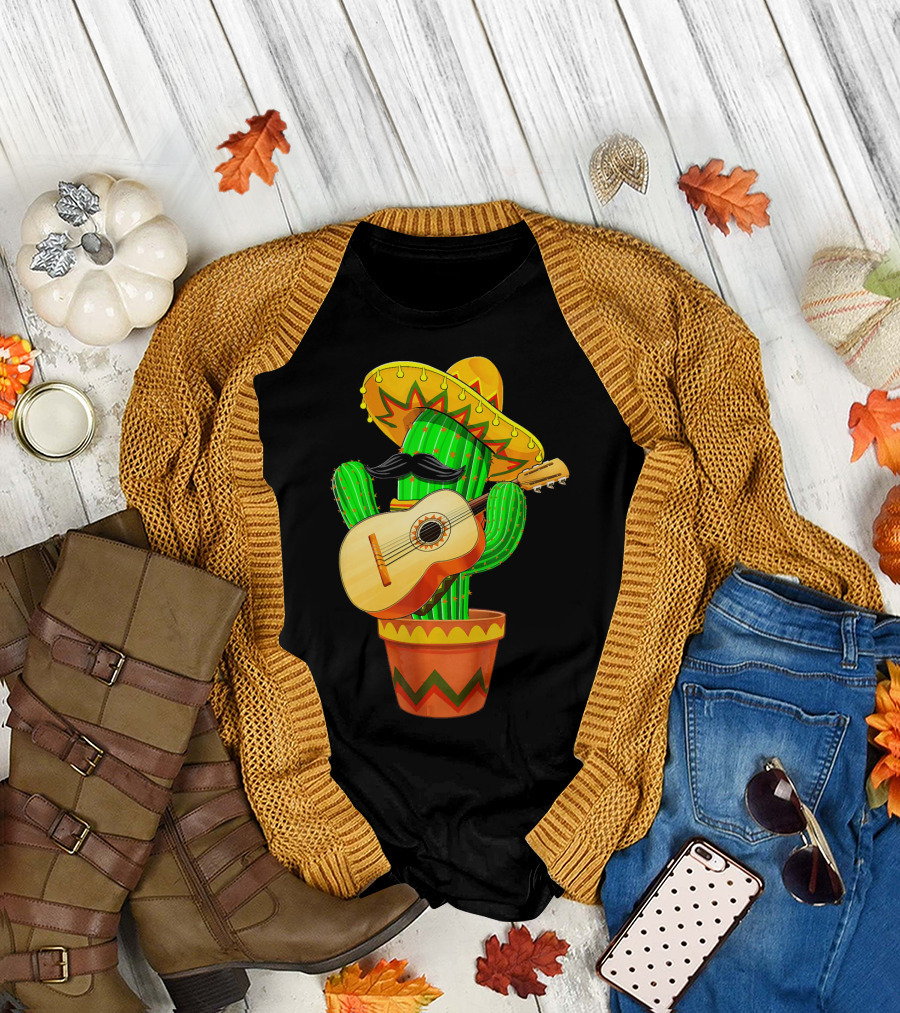 Cinco de Mayo Cactus with Sombrero and Guitar T-Shirt