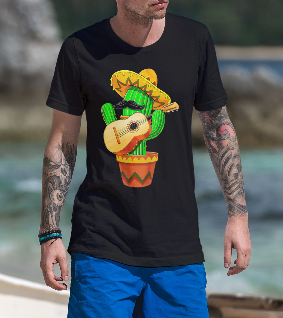 Cinco De Mayo Cactus With Sombrero And Guitar T-Shirt