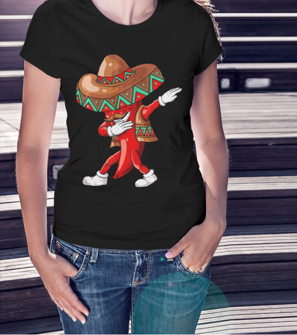Funny Dabbing Cinco De Mayo Chili Pepper With Sombrero T-Shirt