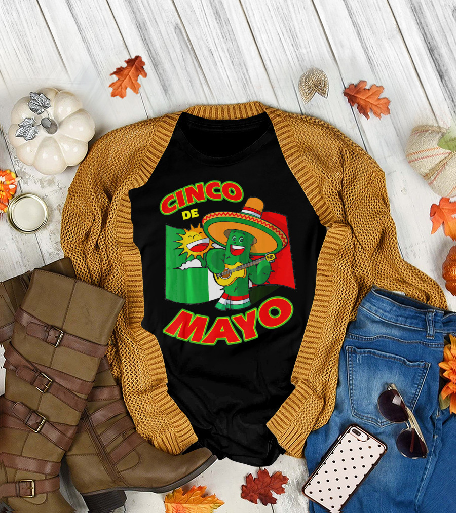 Cinco de Mayo Fiesta Cactus Sombrero Guitar Mexican Flag T-Shirt