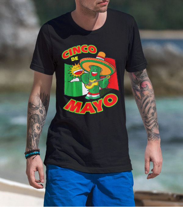 Cinco De Mayo Fiesta Cactus Sombrero Guitar Mexican Flag T-Shirt