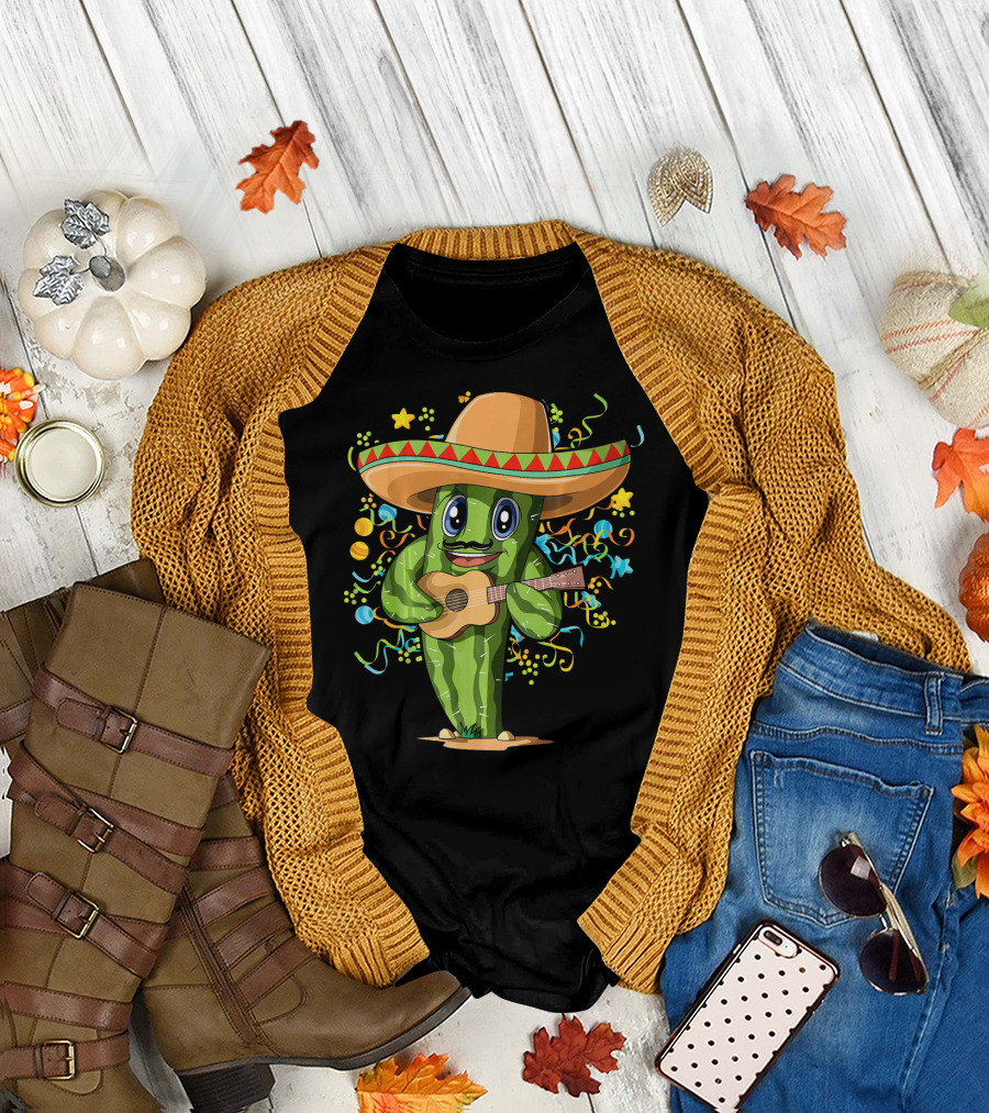 Mexican Cactus Sombrero Guitar Fiesta T-Shirt