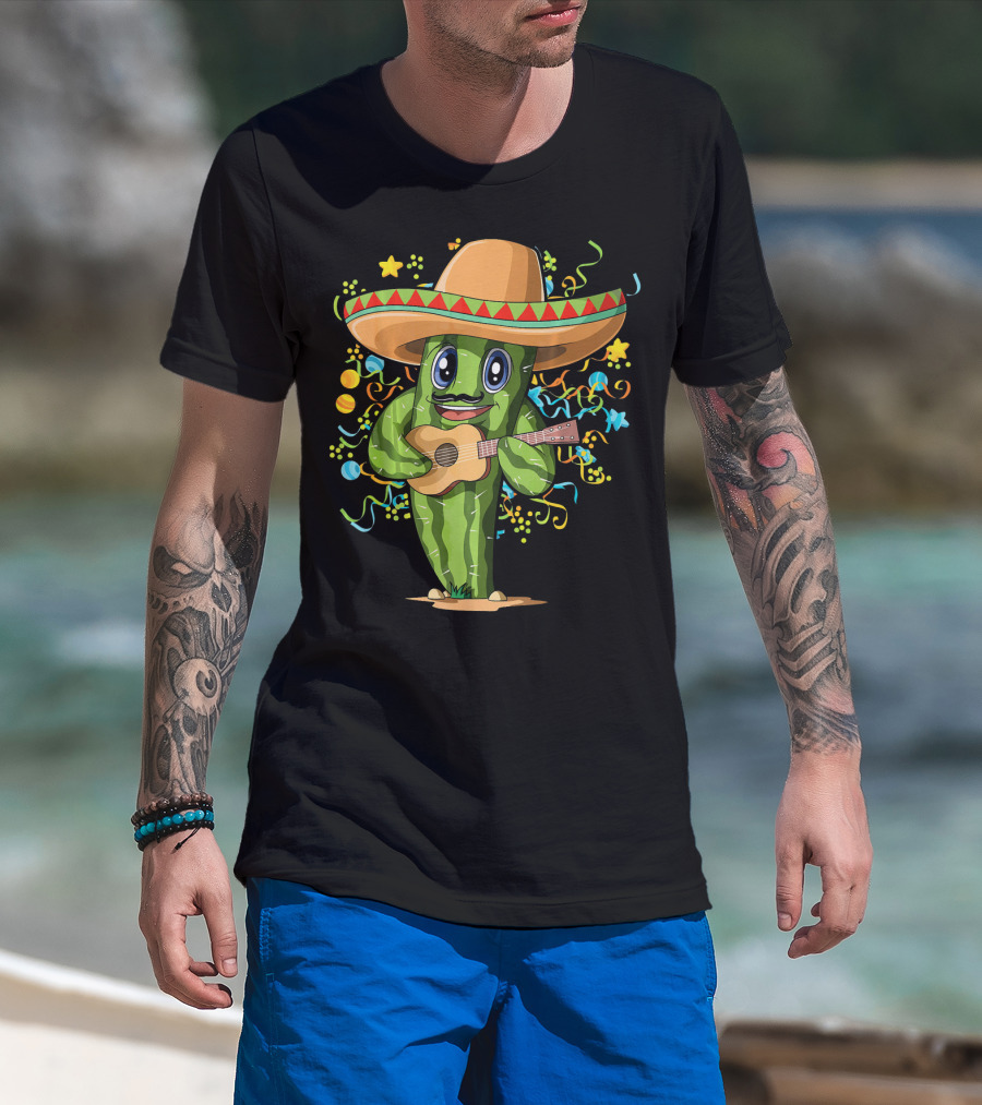 Mexican Cactus Sombrero Guitar Fiesta T-Shirt