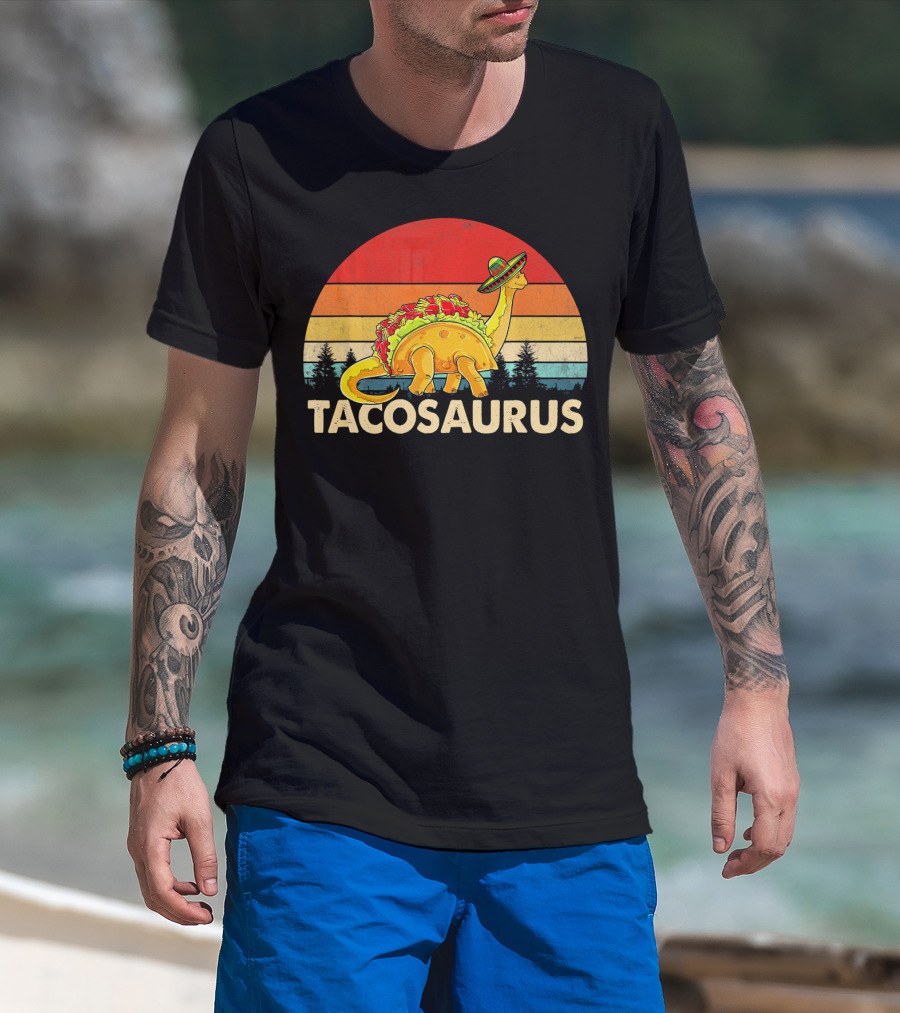 Tacosaurus Sombrero Dinosaur Cinco De Mayo Vintage Sunset T-Shirt