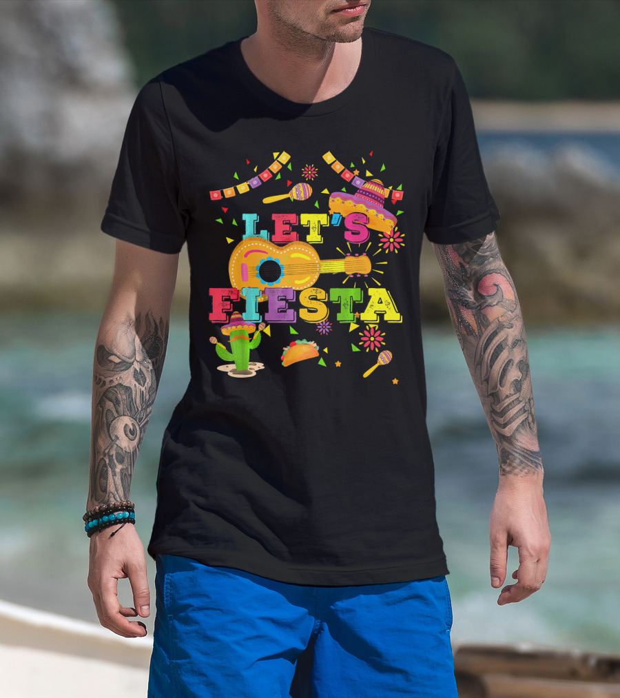 Let's Fiesta Cinco De Mayo Mexican Celebration Guitar Sombrero Maracas Taco Cactus Decorations T-Shirt
