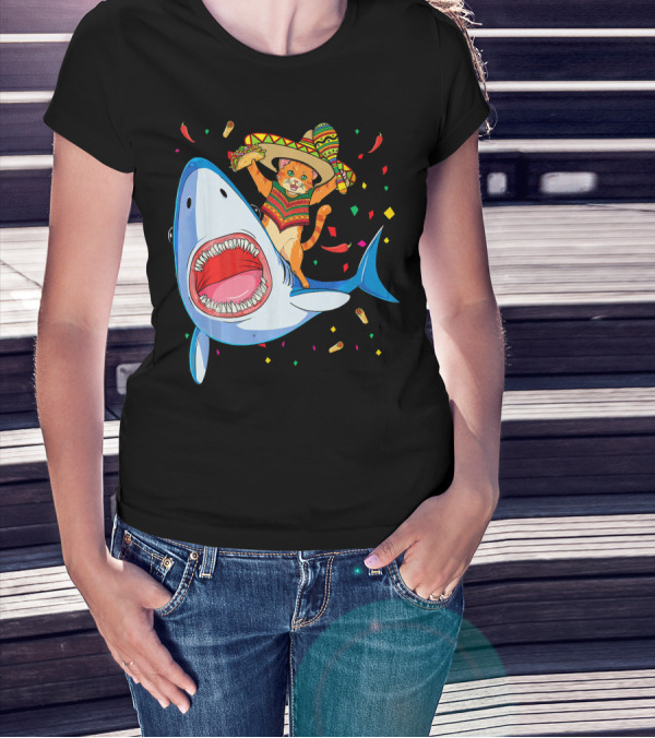 Funny Taco Cat Riding Shark Cinco De Mayo Sombrero T-Shirt