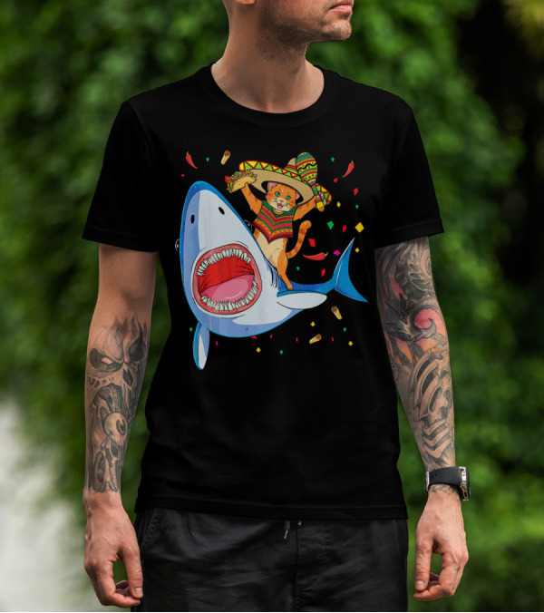 Funny Taco Cat Riding Shark Cinco De Mayo Sombrero T-Shirt