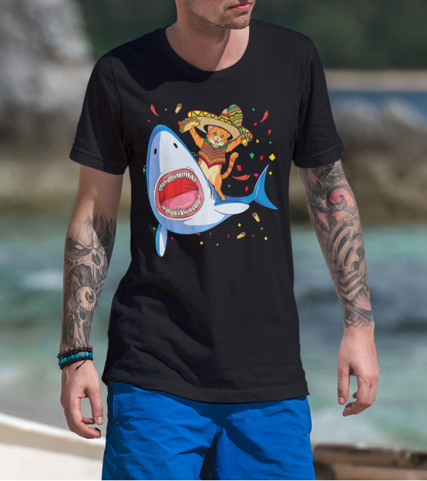 Funny Taco Cat Riding Shark Cinco De Mayo Sombrero T-Shirt