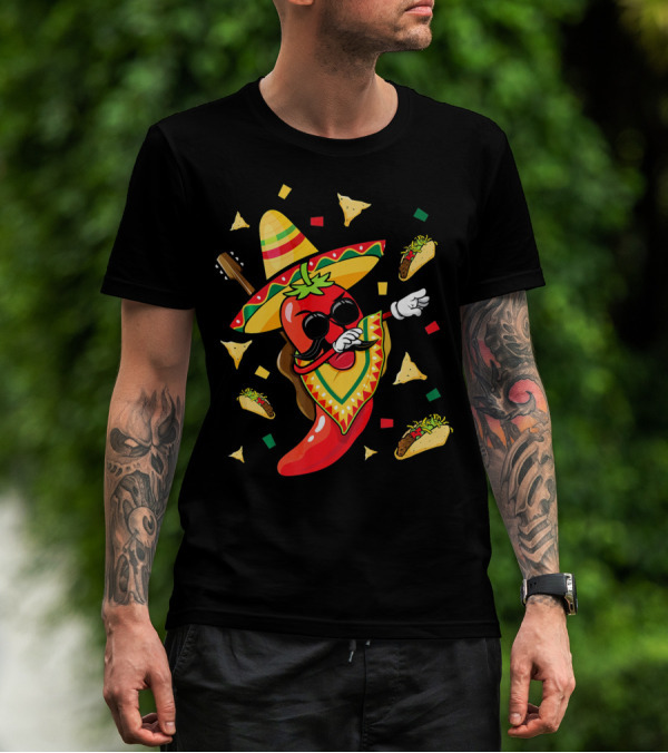 Mexican Sombrero Dabbing Jalapeno With Tacos And Nachos Fiesta Explosion T-Shirt