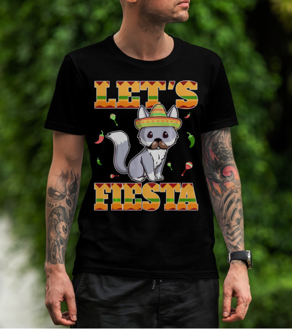 Let's Fiesta Kitty Cat Cinco De Mayo Mexi Sombrero Peppers Maracas T-Shirt