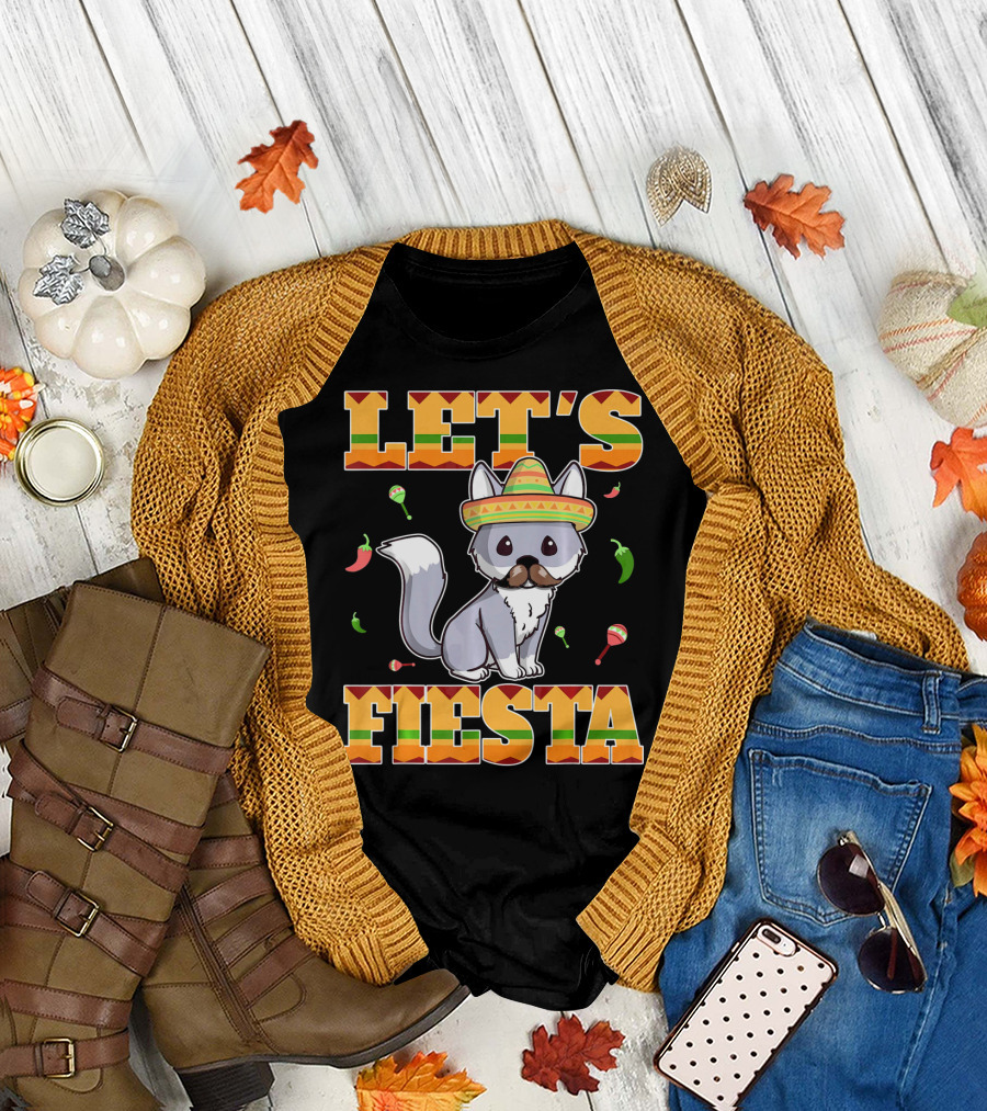 Let's Fiesta Kitty Cat Cinco De Mayo Mexi Sombrero Peppers Maracas T-Shirt