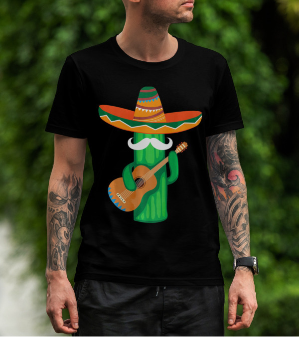 Mustache Cactus Sombrero Playing Guitar T-Shirt