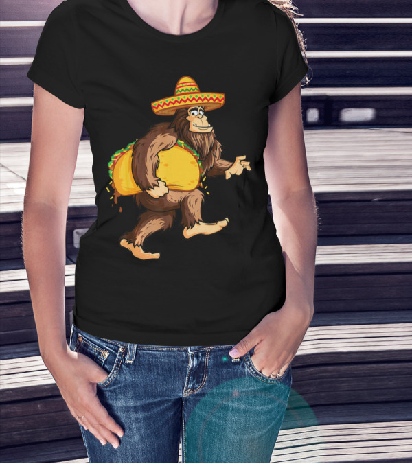 Bigfoot Celebrating Cinco De Mayo With Sombrero And Taco T-Shirt