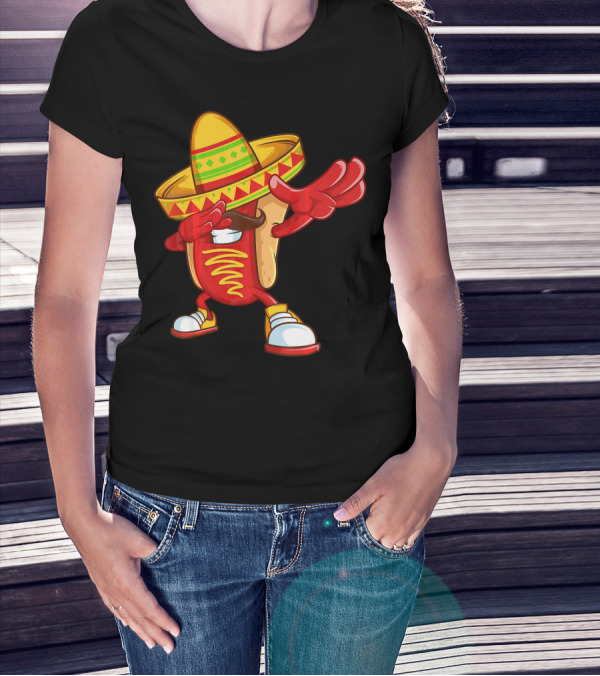 Funny Dabbing Hotdog Sombrero Mexican Cinco De Mayo T-Shirt