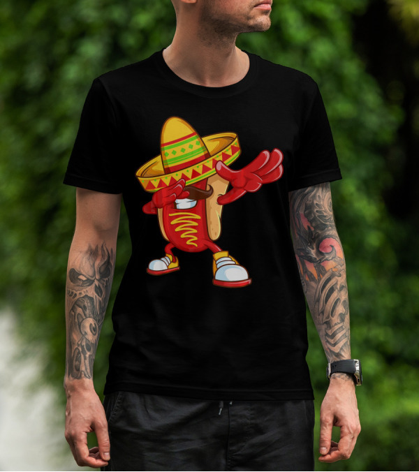 Funny Dabbing Hotdog Sombrero Mexican Cinco De Mayo T-Shirt