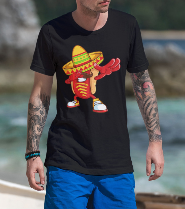 Funny Dabbing Hotdog Sombrero Mexican Cinco De Mayo T-Shirt